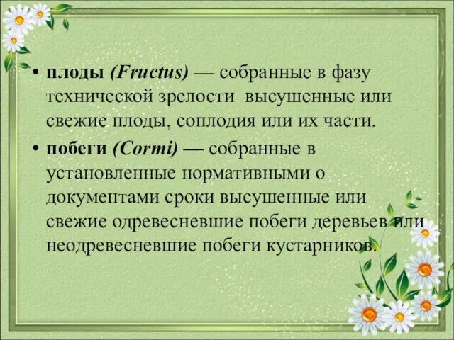 плоды (Fructus) — собранные в фазу технической зрелости высушенные или