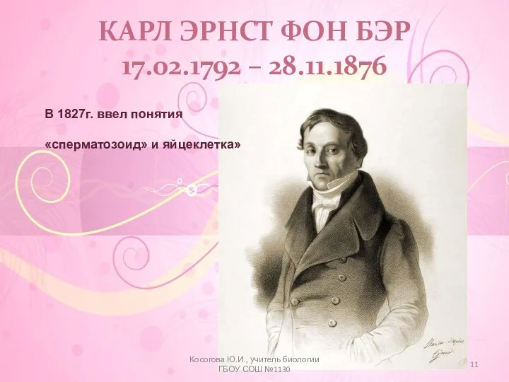 КАРЛ ЭРНСТ ФОН БЭР 17.02.1792 – 28.11.1876 В 1827г. ввел