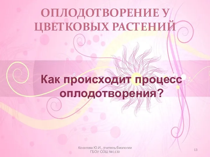 ОПЛОДОТВОРЕНИЕ У ЦВЕТКОВЫХ РАСТЕНИЙ Как происходит процесс оплодотворения? Косогова Ю.И., учитель биологии ГБОУ СОШ №1130