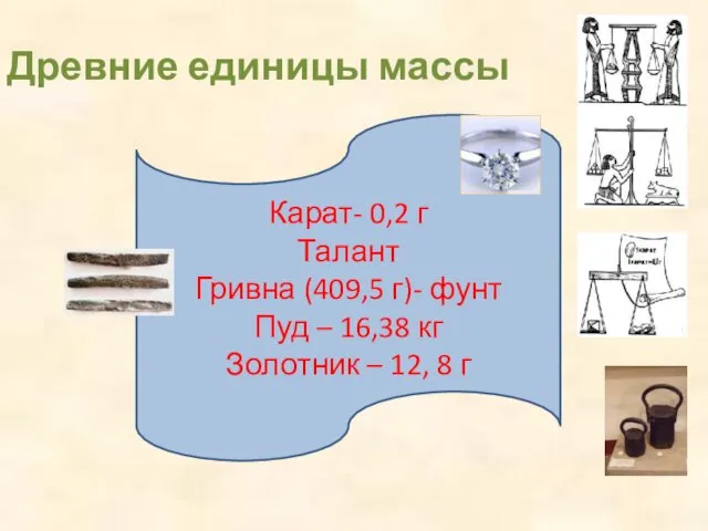 Древние единицы массы Карат- 0,2 г Талант Гривна (409,5 г)-