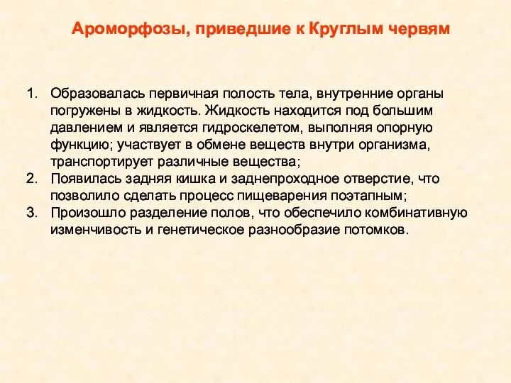 Ароморфозы, приведшие к Круглым червям Образовалась первичная полость тела, внутренние