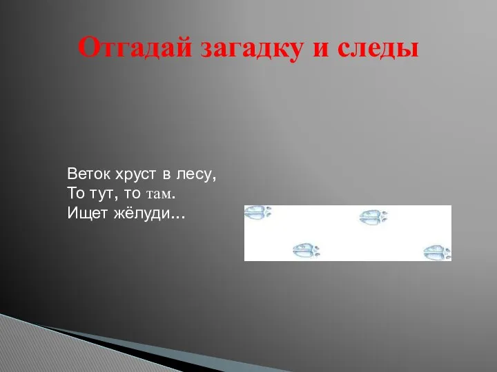 Отгадай загадку и следы Веток хруст в лесу, То тут, то там. Ищет жёлуди...