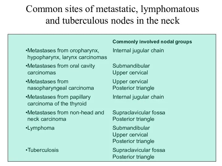 Common sites of metastatic, lymphomatous and tuberculous nodes in the neck