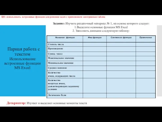 Парная работа с текстом Использование встроенные функции MS Excel ЦО: