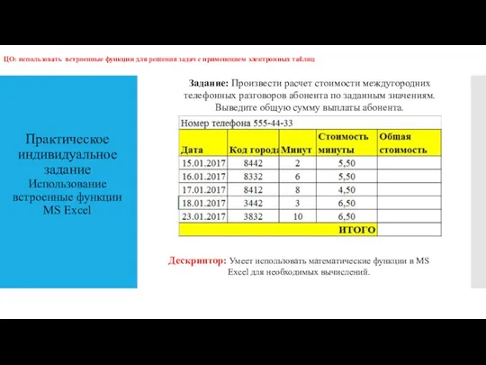 Практическое индивидуальное задание Использование встроенные функции MS Excel ЦО: использовать