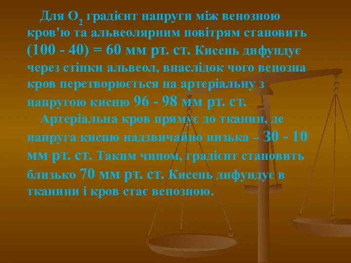 Для О2 градієнт напруги між венозною кров'ю та альвеолярним повітрям становить (100 -