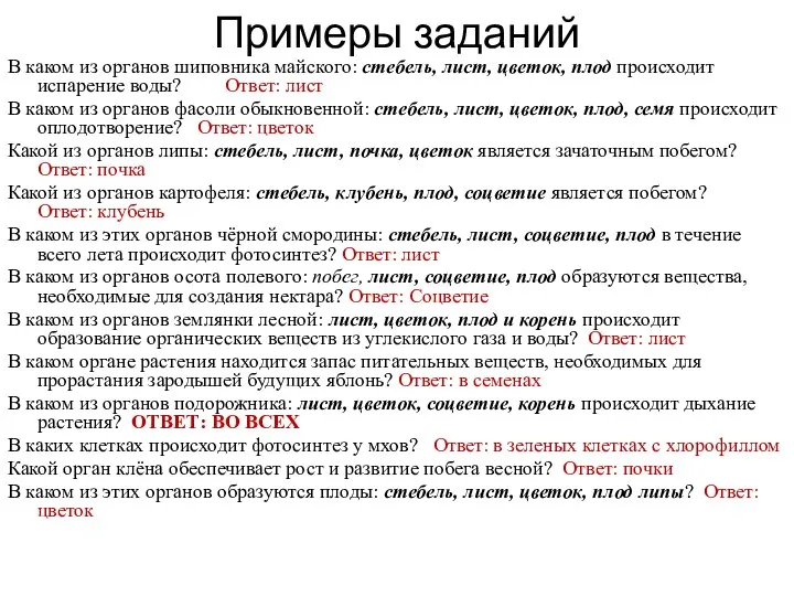 Примеры заданий В каком из органов шиповника майского: стебель, лист,