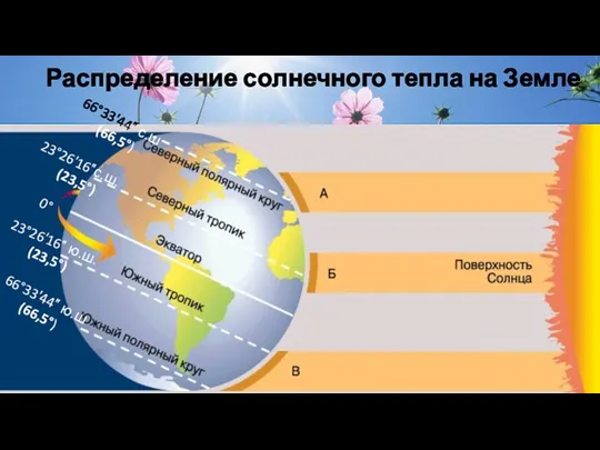 Распределение солнечного тепла на Земле 66°33′44″ с.ш (66,5°) 23°26′16″с.ш. (23,5°)