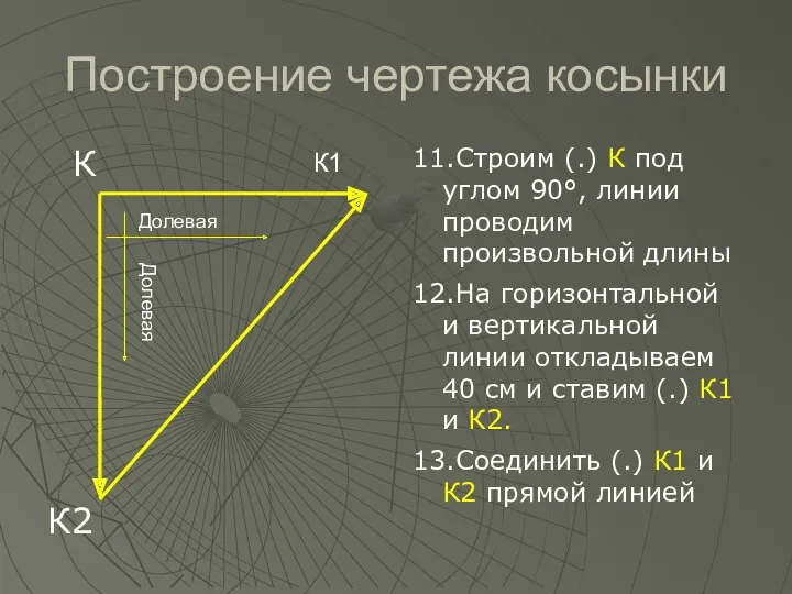 Построение чертежа косынки К К2 11.Строим (.) К под углом 90°, линии проводим