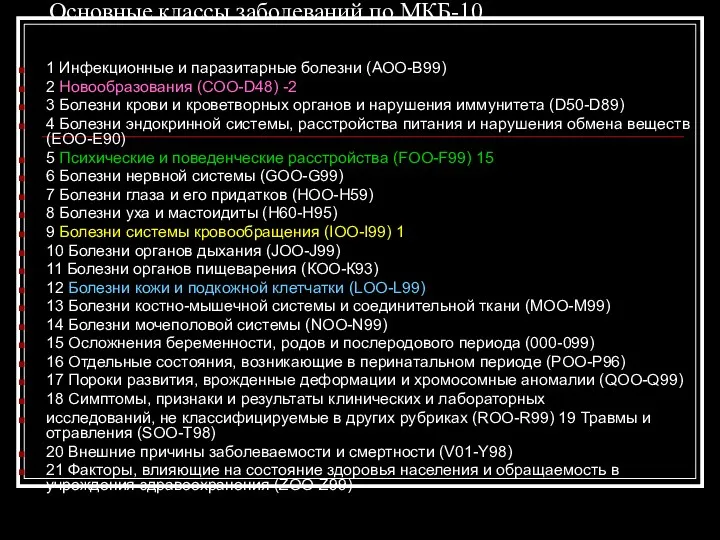 Основные классы заболеваний по МКБ-10 1 Инфекционные и паразитарные болезни