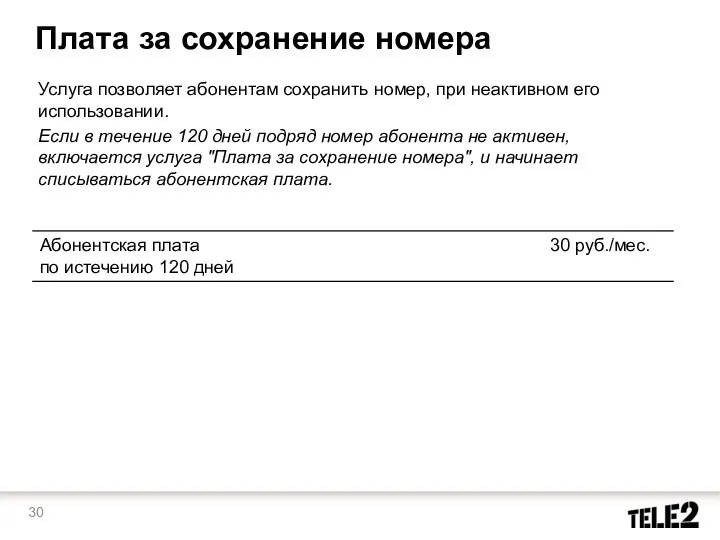 Плата за сохранение номера Услуга позволяет абонентам сохранить номер, при