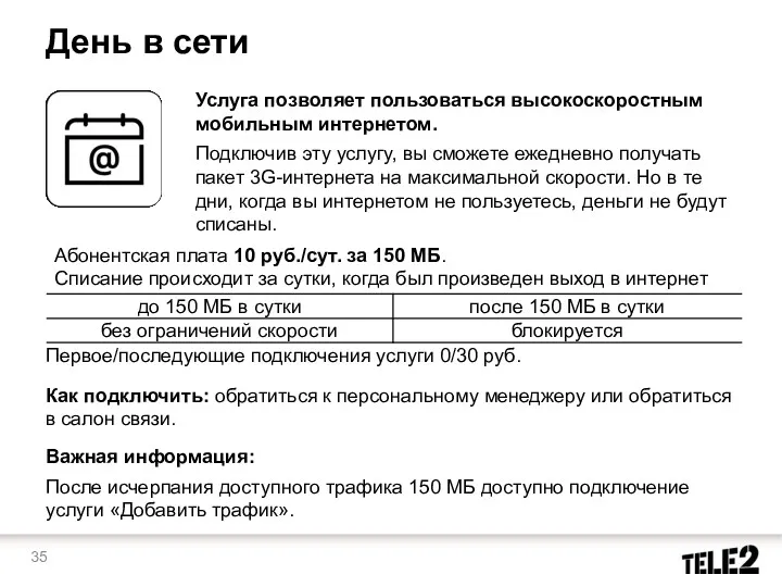 День в сети Услуга позволяет пользоваться высокоскоростным мобильным интернетом. Подключив