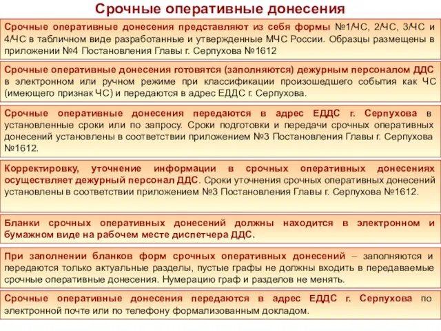 Срочные оперативные донесения Срочные оперативные донесения представляют из себя формы №1/ЧС, 2/ЧС, 3/ЧС