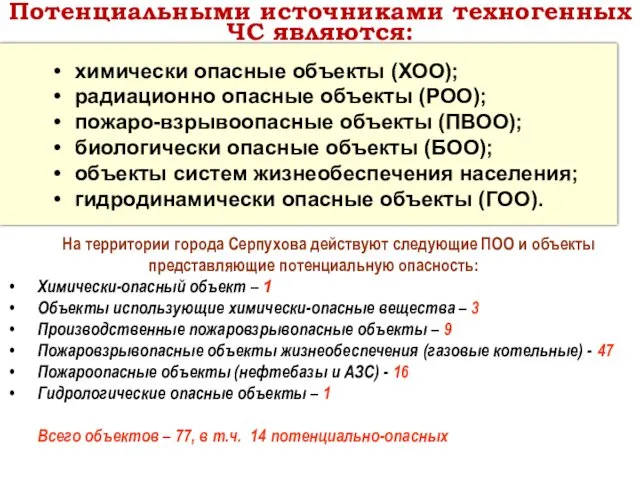 химически опасные объекты (ХОО); радиационно опасные объекты (РОО); пожаро-взрывоопасные объекты (ПВОО); биологически опасные