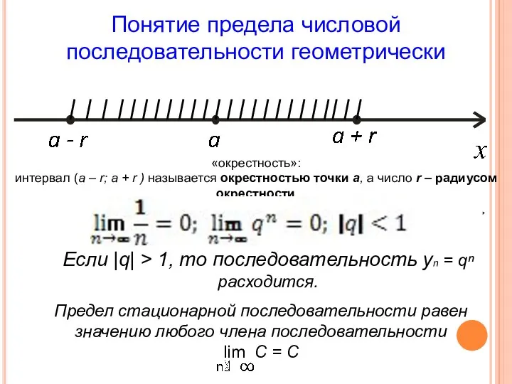 Понятие предела числовой последовательности геометрически «окрестность»: интервал (а – r;