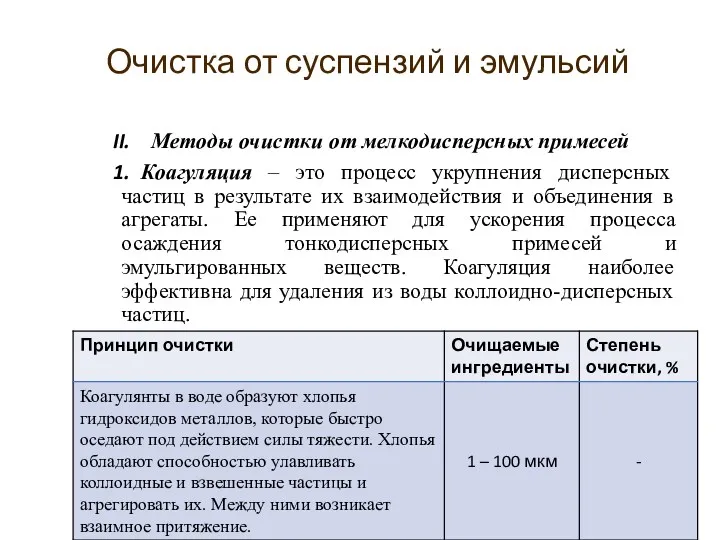 Очистка от суспензий и эмульсий Методы очистки от мелкодисперсных примесей