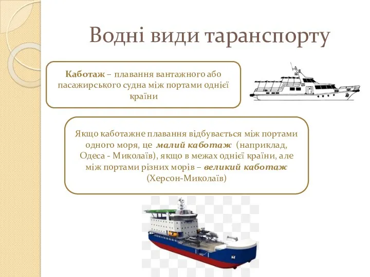 Водні види таранспорту Каботаж – плавання вантажного або пасажирського судна