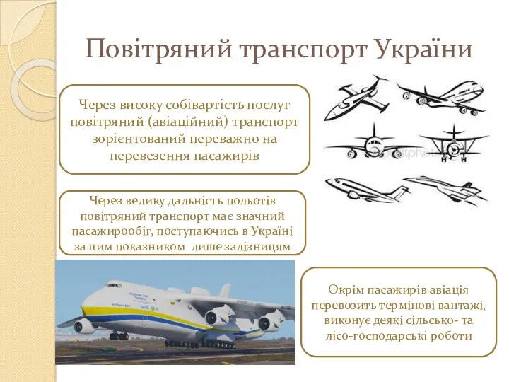 Повітряний транспорт України Через високу собівартість послуг повітряний (авіаційний) транспорт