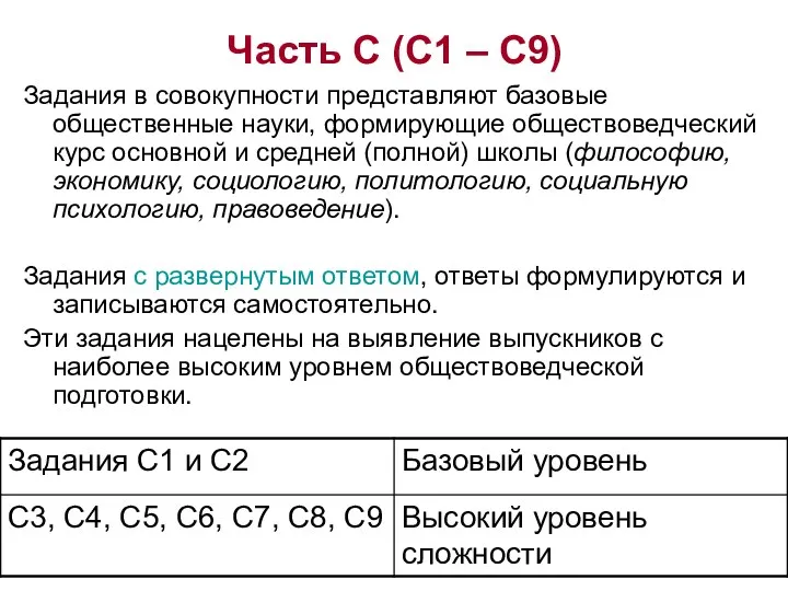 Часть С (С1 – С9) Задания в совокупности представляют базовые общественные науки, формирующие