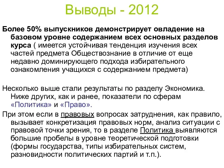 Выводы - 2012 Более 50% выпускников демонстрирует овладение на базовом уровне содержанием всех