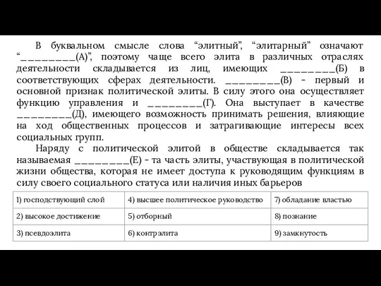 В буквальном смысле слова “элитный”, “элитарный” означают “________(А)”, поэтому чаще