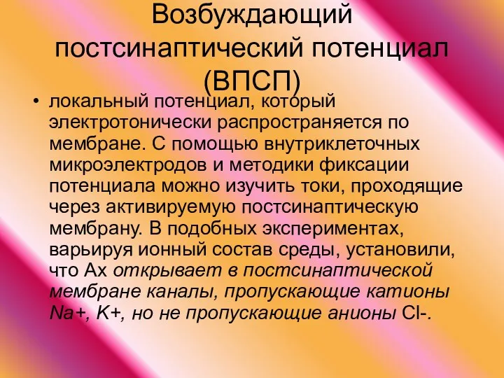 Возбуждающий постсинаптический потенциал (ВПСП) локальный потенциал, который электротонически распространяется по