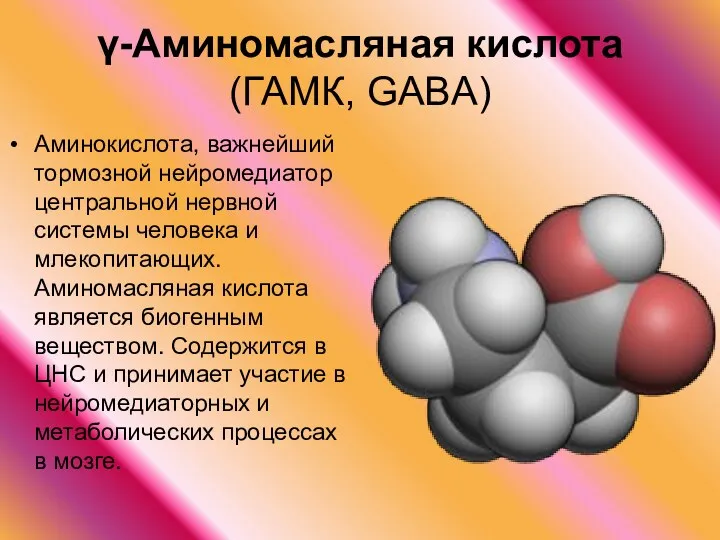 γ-Аминомасляная кислота (ГАМК, GABA) Аминокислота, важнейший тормозной нейромедиатор центральной нервной