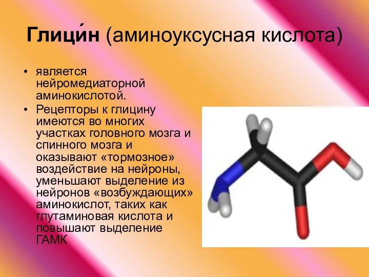 Глици́н (аминоуксусная кислота) является нейромедиаторной аминокислотой. Рецепторы к глицину имеются