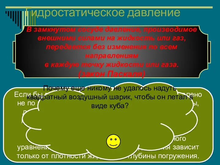 Гидростатическое давление Гидростатическое давление направлено по нормали к поверхности, на