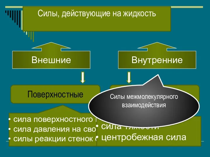 Внешние Внутренние Поверхностные Объемные сила поверхностного натяжения сила давления на