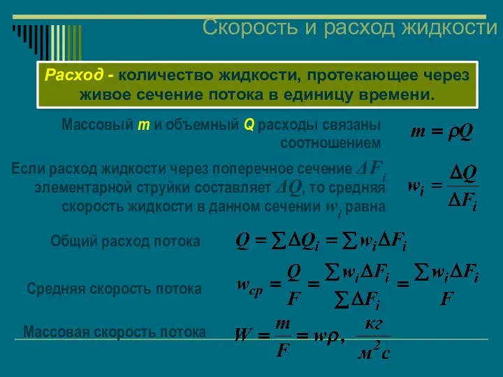 Скорость и расход жидкости Расход - количество жидкости, протекающее через