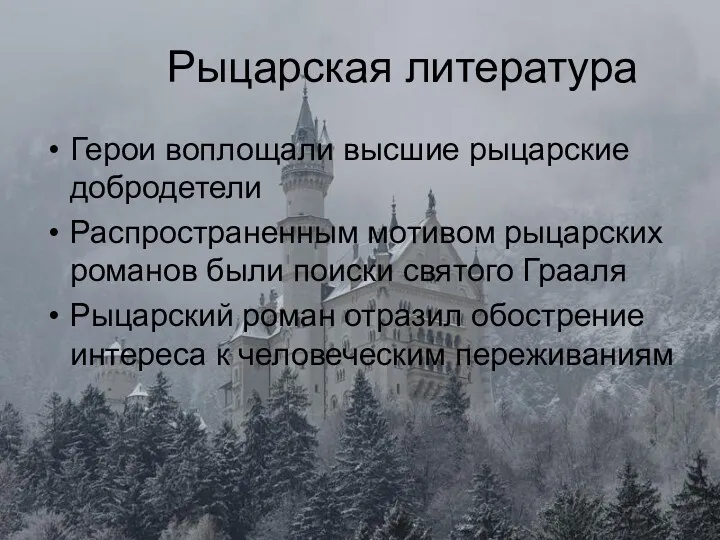 Рыцарская литература Герои воплощали высшие рыцарские добродетели Распространенным мотивом рыцарских