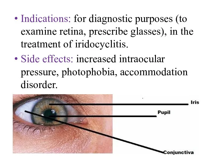 Indications: for diagnostic purposes (to examine retina, prescribe glasses), in