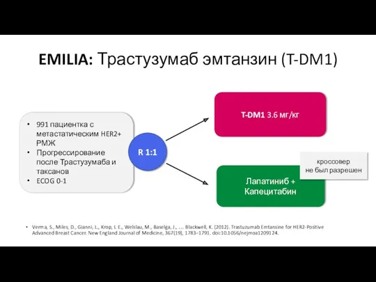 EMILIA: Трастузумаб эмтанзин (T-DM1) 991 пациентка с метастатическим HER2+ РМЖ