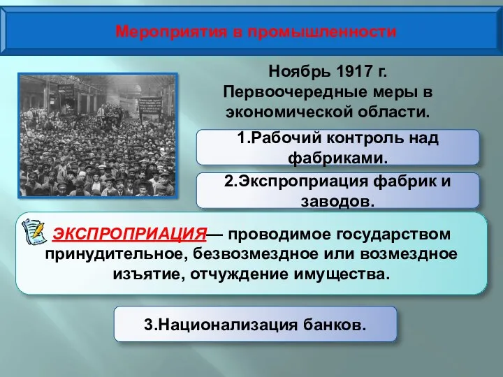 Мероприятия в промышленности 1.Рабочий контроль над фабриками. Ноябрь 1917 г.