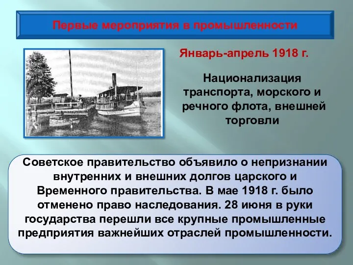 Первые мероприятия в промышленности Советское правительство объявило о непризнании внутренних