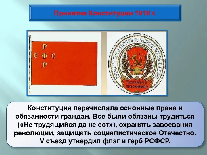 Принятие Конституции 1918 г. Конституция перечисляла основные права и обязанности