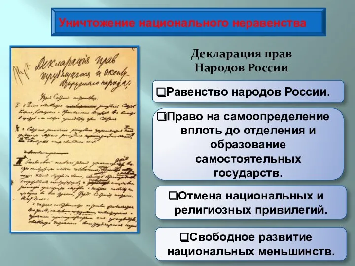 Уничтожение национального неравенства Декларация прав Народов России Равенство народов России.