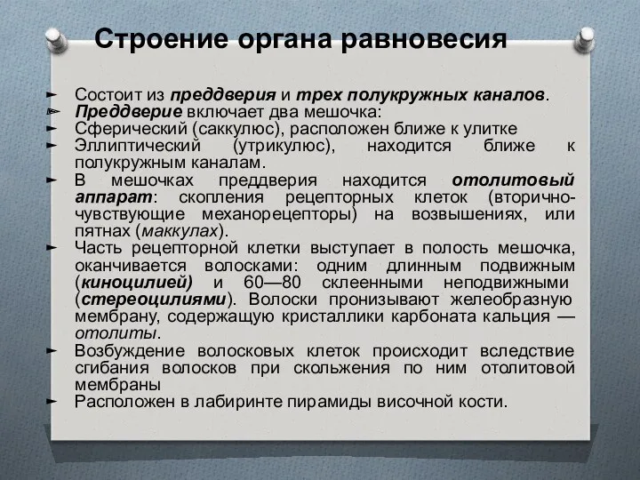 Состоит из преддверия и трех полукружных каналов. Преддверие включает два