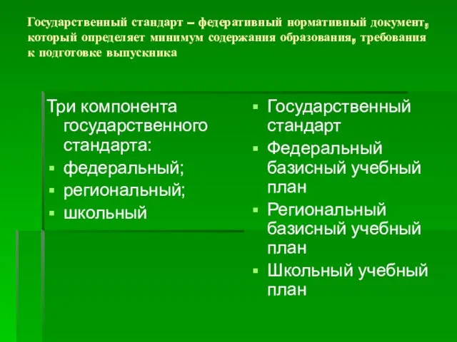 Государственный стандарт – федеративный нормативный документ, который определяет минимум содержания