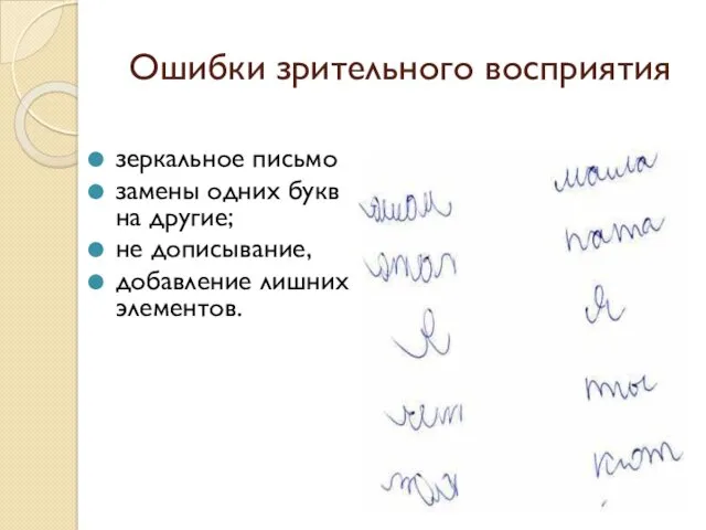 Ошибки зрительного восприятия зеркальное письмо замены одних букв на другие; не дописывание, добавление лишних элементов.