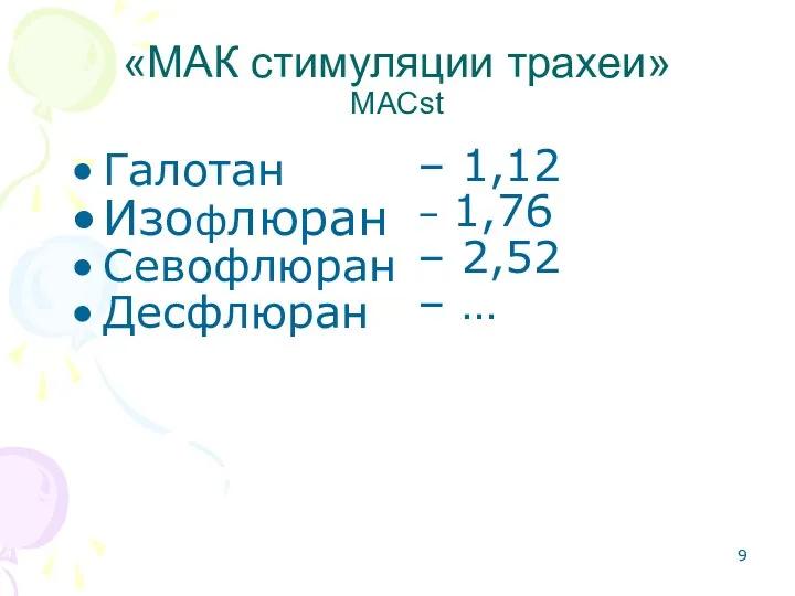 «МАК стимуляции трахеи» MACst Галотан Изофлюран Севофлюран Десфлюран – 1,12 – 1,76 – 2,52 – …