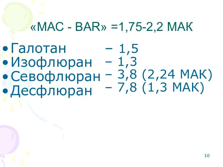 «МАС - BAR» =1,75-2,2 МАК Галотан Изофлюран Севофлюран Десфлюран –