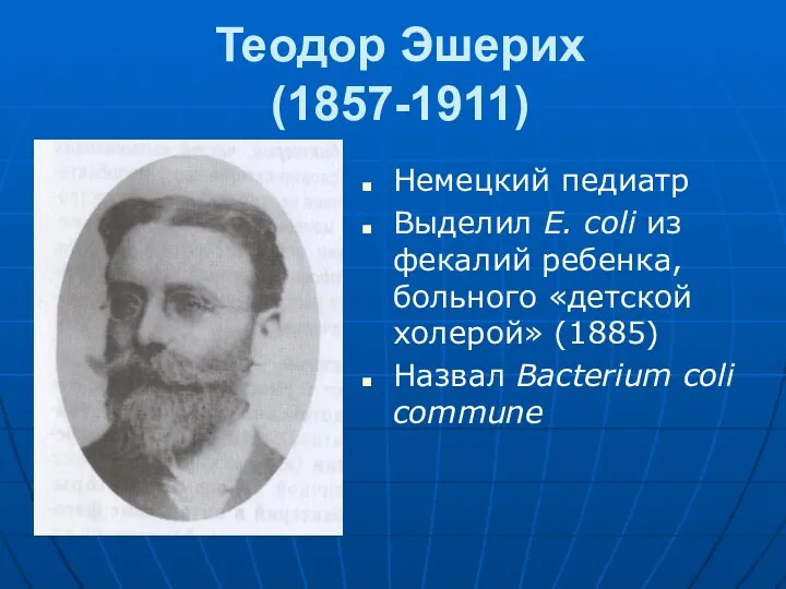 Теодор Эшерих (1857-1911) Немецкий педиатр Выделил E. coli из фекалий