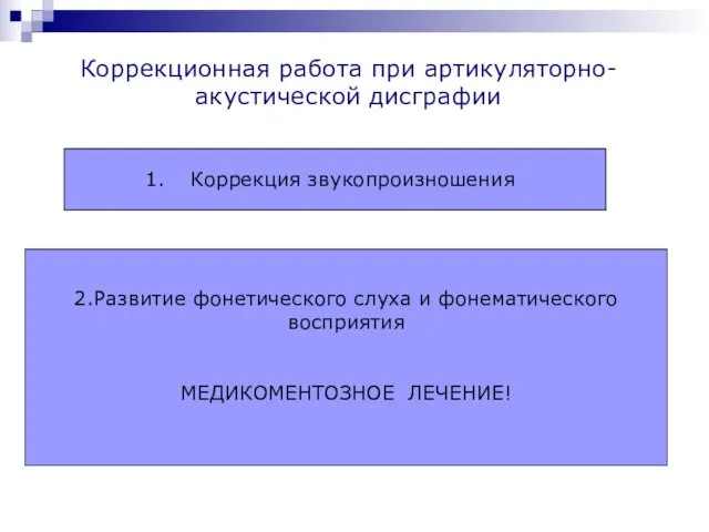 Коррекционная работа при артикуляторно-акустической дисграфии Коррекция звукопроизношения 2.Развитие фонетического слуха и фонематического восприятия МЕДИКОМЕНТОЗНОЕ ЛЕЧЕНИЕ!