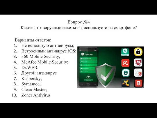 Вопрос №4 Какие антивирусные пакеты вы используете на смартфоне? Варианты