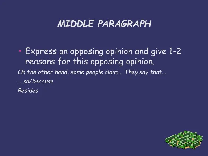 MIDDLE PARAGRAPH Express an opposing opinion and give 1-2 reasons