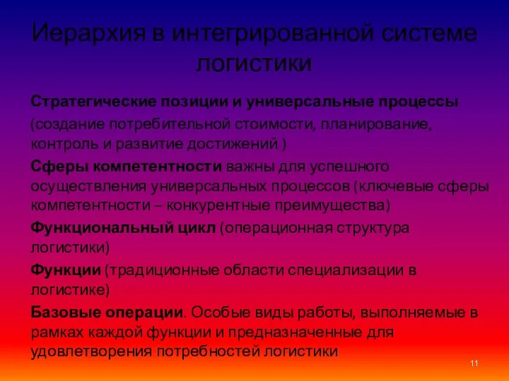 Иерархия в интегрированной системе логистики Стратегические позиции и универсальные процессы