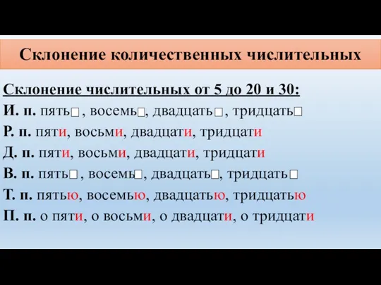 Склонение количественных числительных Склонение числительных от 5 до 20 и