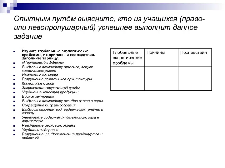 Опытным путём выясните, кто из учащихся (право- или левопролушарный) успешнее